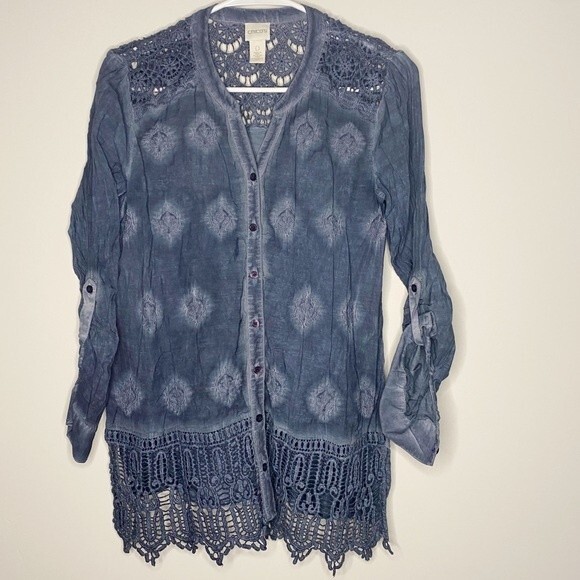 Chico's Tops - Chico’s Cotton Blend Lace Embroidery Tie-dye Blue Shirt Top Size 0 (S)